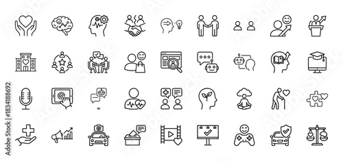Business and technology line icon set. Vector pictograms of teamwork, health, education, and marketing, thin linear illustration.