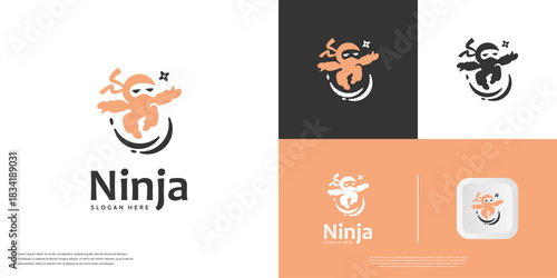 Cute ninja jumping, fun style, symbol of Japanese warriors, graphic design template.