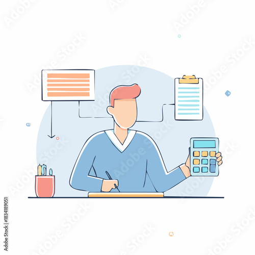 Man Holding Calculator Working At Desk With Documents and Office Supplies Blue Sweater and Light Blue Background