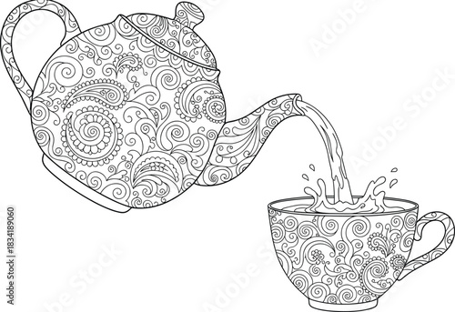 Intricate Paisley and Floral Detailed Teapot Pouring Tea into a Decorated Cup Line Art Vector Illustration for Adult Coloring Book.