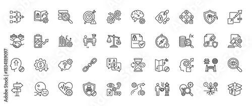 Business and strategy line icon set. Vector pictograms of decision making, problem solving, analysis, security, and knowledge, thin linear illustration.
