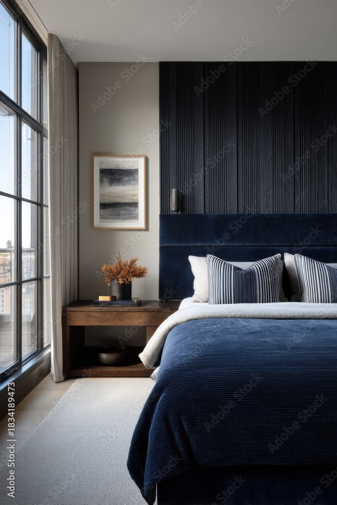 Fototapeta premium Stylish bedroom with large window in modern apartment showing blue bedding and simple decor during bright daylight hours
