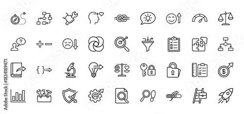 Business and strategy line icon set. Vector pictograms of decision making, problem solving, analysis, and success, thin linear illustration.