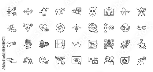 Technology and business line icon set. Vector pictograms of decision making, coding, analysis, and process flow, thin linear illustration.