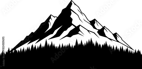 Majestic Mountain Peak with Evergreen Forest Silhouette Black and White Nature Illustration

