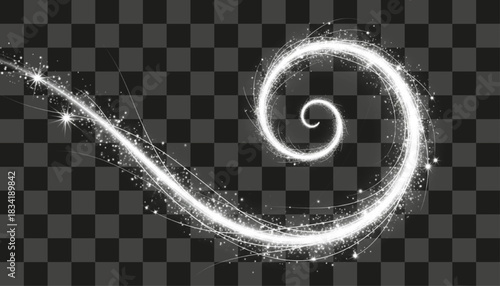 A bright, swirling light trail with sparkling stars on a transparent background, creating a magical and dynamic effect. Ideal for adding a touch of wonder to designs. 144 characters.