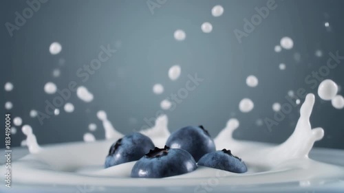Blueberry splashing into a crown of milk