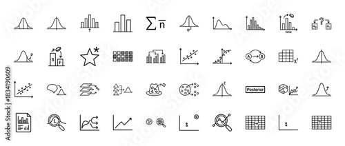 Statistics and data science line icon set. Vector pictograms of normal distribution, bar charts, mean, regression, and chi-squared, thin linear illustration.