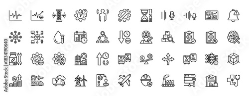 Industrial technology and supply chain line icon set. Vector pictograms of production, maintenance, analysis, and logistics, thin linear illustration.