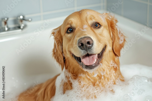 Happy golden retriever enjoying a bath with lots of foamy bubbles. A wet and smiling golden retriever is enjoying a bath, looking directly at the camera with a happy expression.