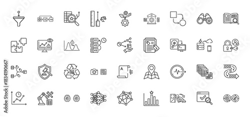 Data science and analytics line icon set. Vector pictograms of funnel, algorithms, security, and machine learning, thin linear illustration.