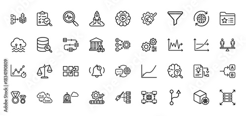 Data science and analytics line icon set. Vector pictograms of machine learning, research, charts, and intelligence, thin linear illustration.