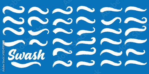 Swoosh and swash tails line collection. Swooshes text tail for baseball design. Typography tails shape for football or athletics sport team sign text. Blue and Yellow color swoosh