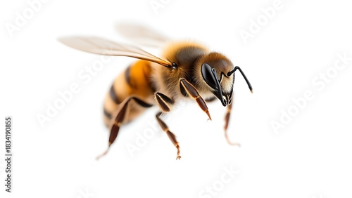 Detailed macro shot of a honey bee isolated on transparent background, crisp focus.