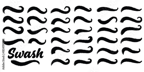 Swoosh and swash tails line collection. Swooshes text tail for baseball design. Typography tails shape for football or athletics sport team sign text. Blue and Yellow color swoosh