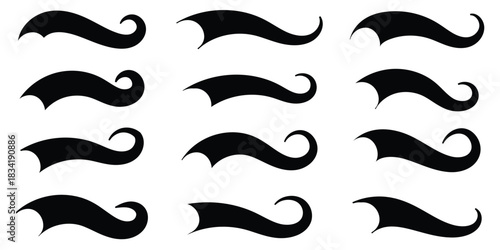Swoosh and swash tails. Swooshes text tail for baseball design. Sports swash underline shapes in retro style. Swish typography font element for athletics, baseball, football. Vector black sport tails