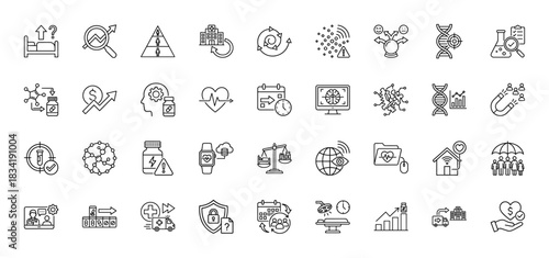 Healthcare and medical line icon set. Vector pictograms of hospital, heartbeat, dna, pills, and ambulance, thin linear illustration.