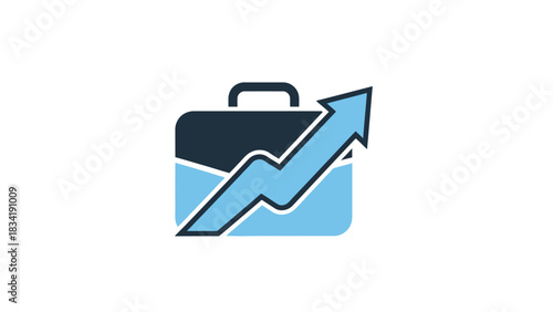 Business growth concept with briefcase and rising arrow representing success and progress.