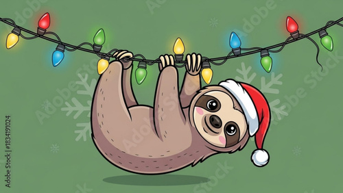 Cute cartoon sloth wearing a santa hat hangs upside down from colorful christmas lights against a festive green background with snowflakes