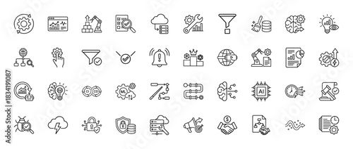 Business automation and technology line icon set. Vector pictograms of machine learning brain, robot arm, cloud, analytics, devops and security, thin linear illustration