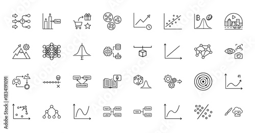 Machine learning and data science line icon set. Vector pictograms of neural networks, algorithms, and statistical graphs, thin linear illustration.