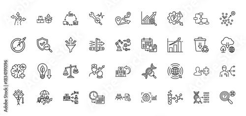 Business and technology line icon set. Vector pictograms of logistics, data analysis, healthcare, and research, thin linear illustration.