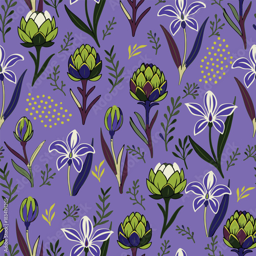 Hand drawn botanical seamless pattern featuring artichoke thistle, iris, and stylized leaves. Ideal for fabric, branding, and packaging design.