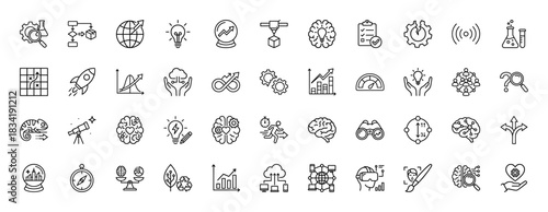 Innovation and business strategy line icon set. Vector pictograms of rocket, brain, lightbulb, gear, chart, telescope, cloud, headset, compass, thin linear illustration.