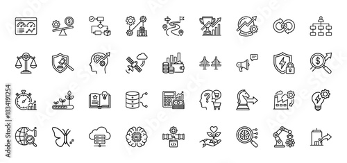 Business and strategy line icon set. vector pictograms of chart, gear, money, lightbulb, and shield, thin linear illustration.