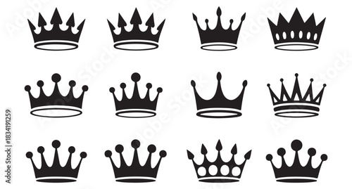  Collection of twelve distinct black silhouette royal crowns on a white background