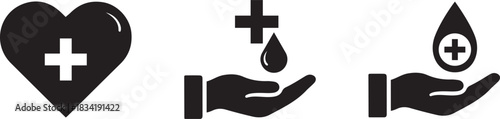 Blood donation icon set. Black and white heart, droplet, and hand vector silhouettes. Hospital and medical concept.