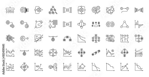Artificial intelligence and data science line icon set. Vector pictograms of neural networks, machine learning, and statistical analysis charts, thin linear illustration.