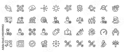 Business management and success line icon set. Vector pictograms of teamwork, strategy, growth, and development, thin linear illustration.