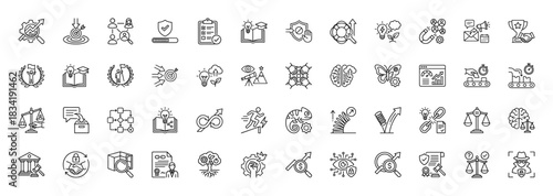 Business and legal management line icon set. Vector pictograms of agility, chameleon, vision, teamwork, justice, compliance, and leadership, thin linear illustration.
