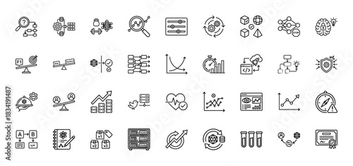Data science and machine learning line icon set. vector pictograms of research, algorithm, model, optimization, and testing, thin linear illustration.