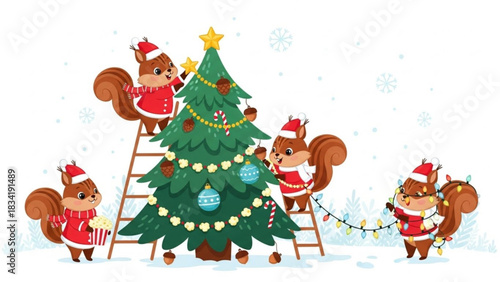 Cute cartoon squirrels in santa hats decorating a christmas tree with ornaments lights popcorn and candy canes in a snowy winter scene with snowflakes falling