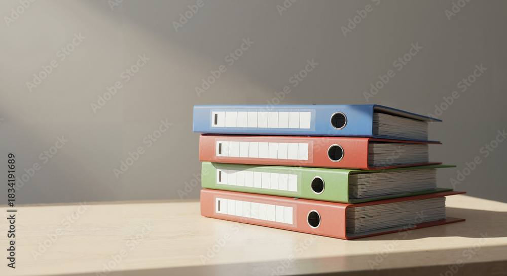 Fototapeta premium Stacked colorful binders on wooden table with natural light
