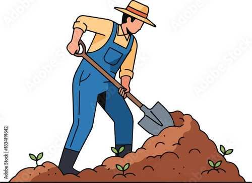 Farmer digging soil with a shovel near small growing sprouts