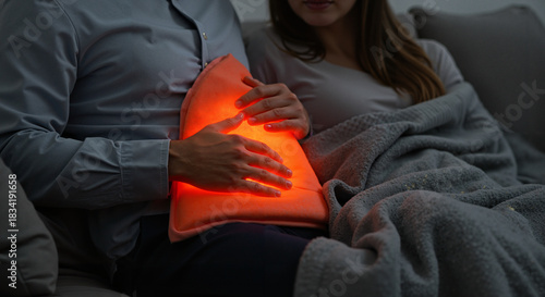 Couple relaxing on sofa with glowing heating pad and blanket  