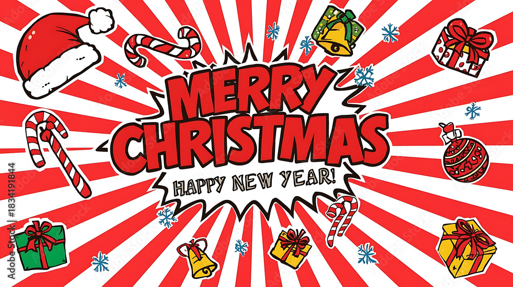 Fototapeta premium Cute kawaii Christmas and New Year Greeting Background Stickers with festive Christmas ornaments for flayers, banners, backgrounds, greetings, text space 