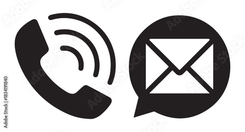  Black and white icons representing communication methods phone call and email message