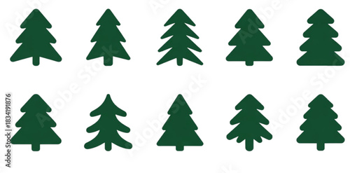 Bold green tree shapes, simple festive elements, minimal holiday icons isolated on white background. Flat vector clipart for xmas design projects.