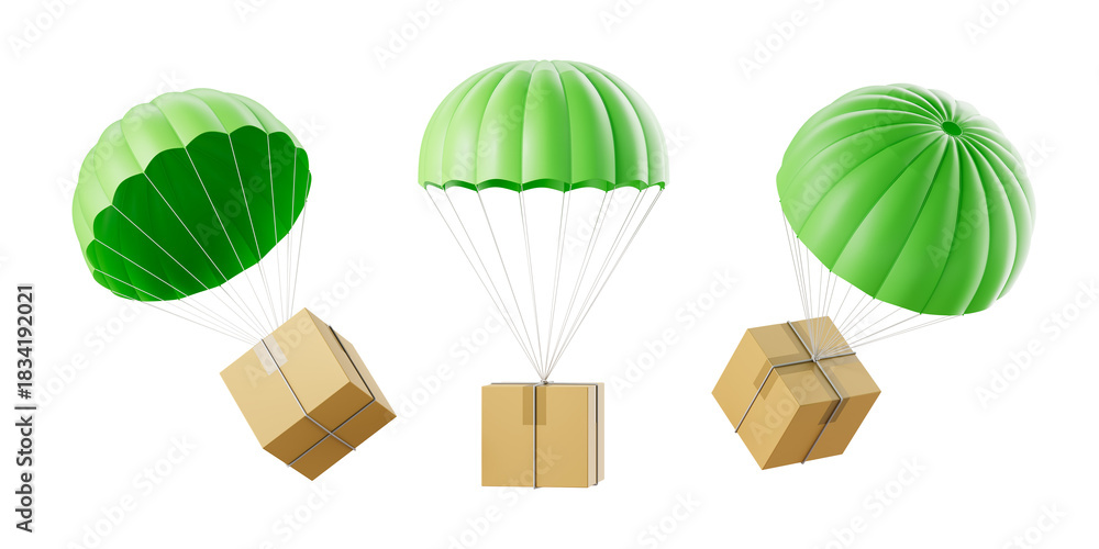 Fototapeta premium Three cardboard boxes attached to green parachutes in mid-air, 3D Rendering style, isolated on white background. Concept of shipping and air delivery
