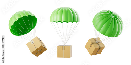 Three cardboard boxes attached to green parachutes in mid-air, 3D Rendering style, isolated on white background. Concept of shipping and air delivery