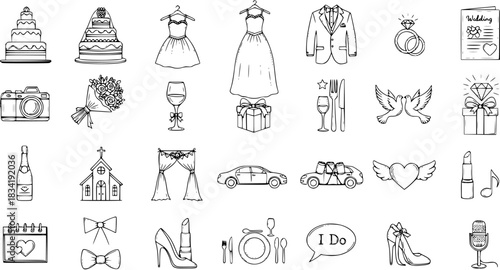 Hand-Drawn Wedding and Marriage Icons Set. Doodle Sketch Style Vector Illustration of Bridal Objects, Ceremony Elements, and Celebration Symbols.
