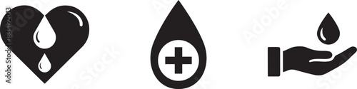 Blood donation icon set. Black and white heart, droplet, and hand vector silhouettes. Hospital and medical concept.