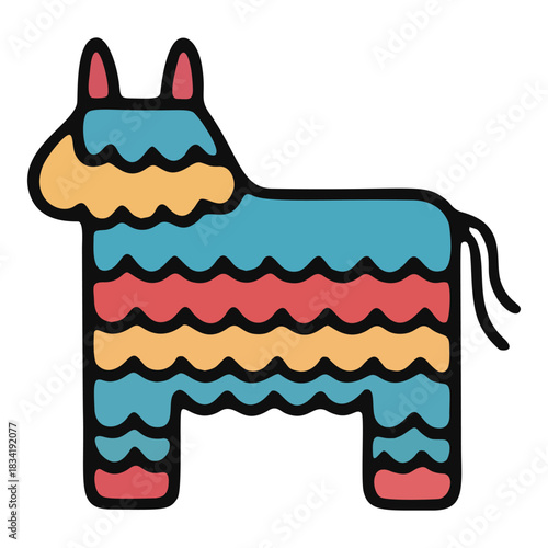 A colorful striped donkey piñata illustration with a bold black outline ready for a party celebration.