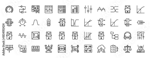 Audio engineering line icon set. Vector pictograms of digital audio workstation, mixer, equalizer, amplifier, and signal processing effects, thin linear illustration.