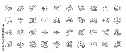 Artificial intelligence and speech recognition line icon set. Vector pictograms of machine learning, brain interface, and voice control, thin linear illustration.