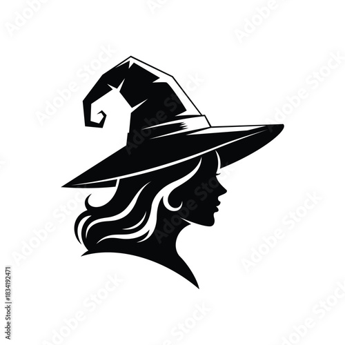 Witch Silhouette: Elegant black silhouette of a witch with flowing hair, wearing a traditional pointed hat. Symbol of the mystic and magic, perfect for Halloween themes.